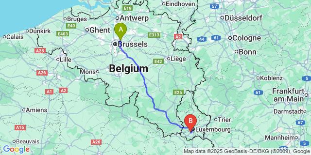 Map: Brussels Zaventem Airport (BRU) to Leudelange