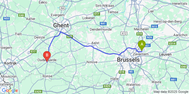 Map: Brussels Zaventem Airport (BRU) to Leupegem