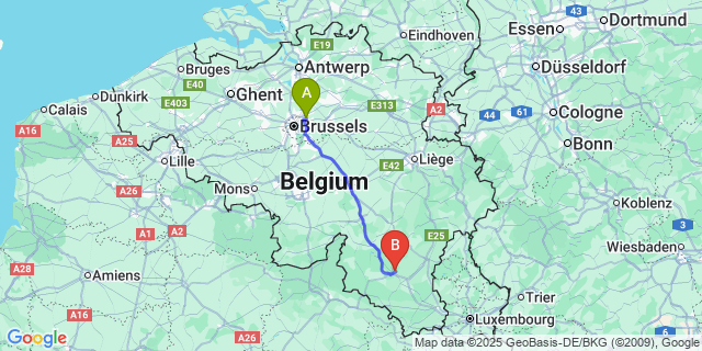 Map: Brussels Zaventem Airport (BRU) to Libramont-Chevigny