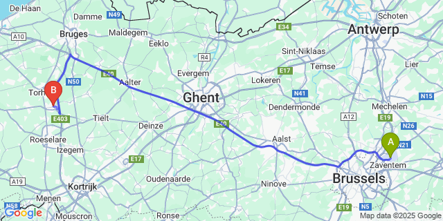 Map: Brussels Zaventem Airport (BRU) to Lichtervelde