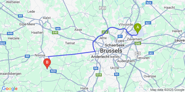 Map: Brussels Zaventem Airport (BRU) to Lieferinge
