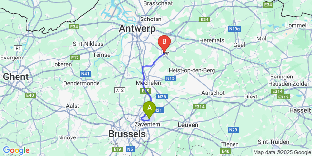Map: Brussels Zaventem Airport (BRU) to Lier