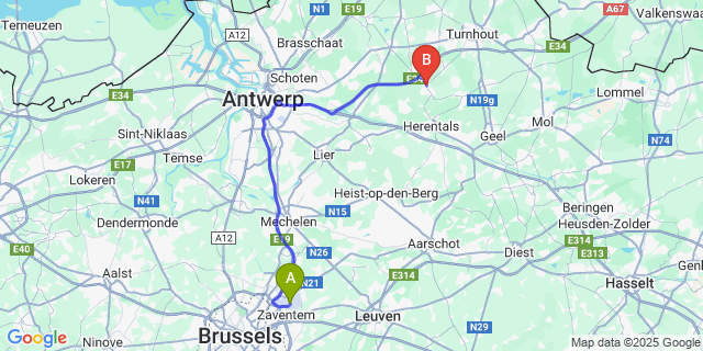 Map: Brussels Zaventem Airport (BRU) to Lille (Belgium)
