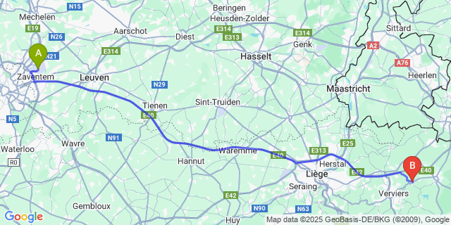 Map: Brussels Zaventem Airport (BRU) to Limbourg