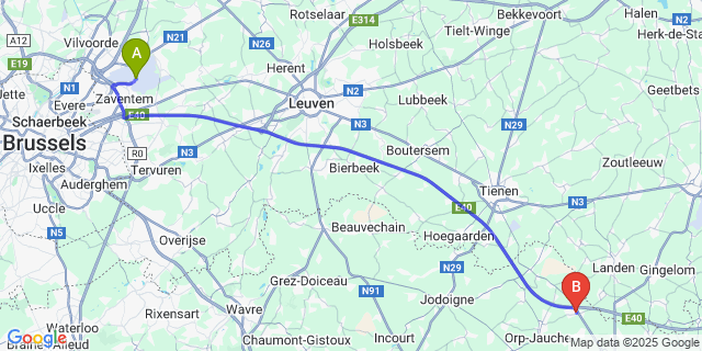Map: Brussels Zaventem Airport (BRU) to Lincent
