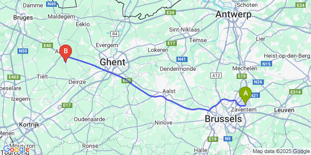 Map: Brussels Zaventem Airport (BRU) to Lotenhulle