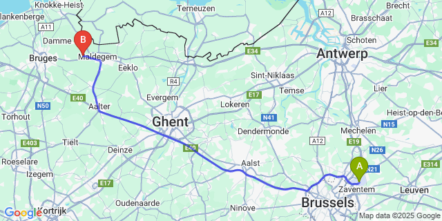 Map: Brussels Zaventem Airport (BRU) to Maldegem-Donk