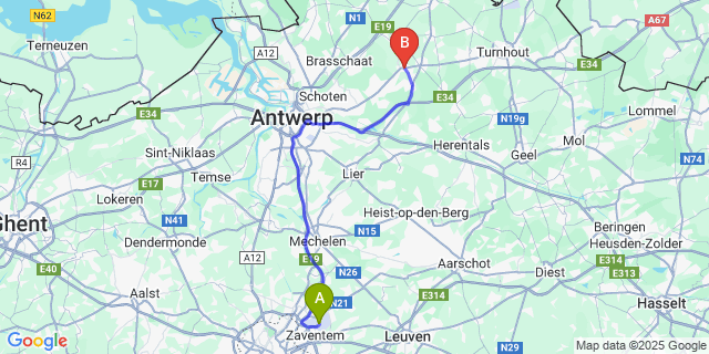 Map: Brussels Zaventem Airport (BRU) to Malle