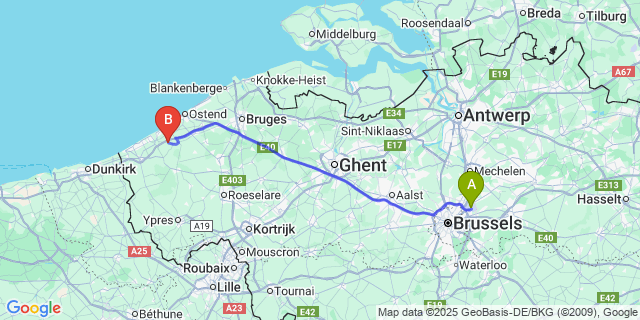 Map: Brussels Zaventem Airport (BRU) to Mannekensvere
