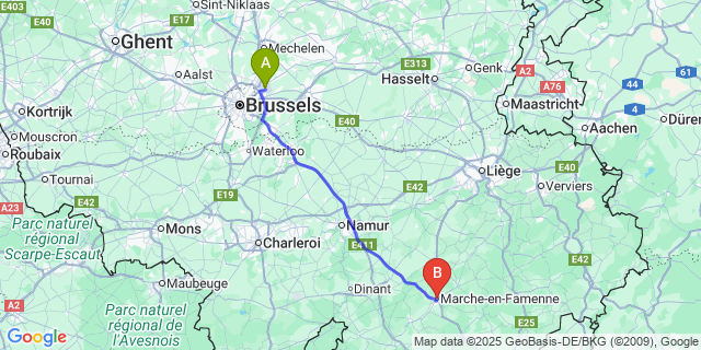 Map: Brussels Zaventem Airport (BRU) to Marche-en-famenne