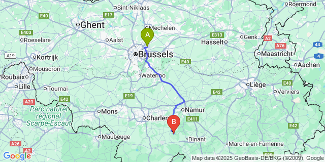 Map: Brussels Zaventem Airport (BRU) to Maredsous