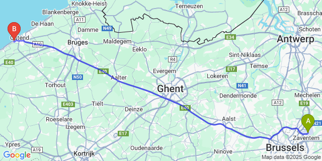 Map: Brussels Zaventem Airport (BRU) to Mariakerke