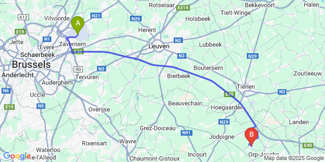 Map: Brussels Zaventem Airport (BRU) to Marilles