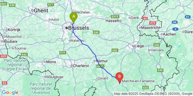 Map: Brussels Zaventem Airport (BRU) to Marloie