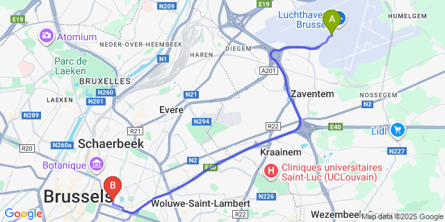 Map: Brussels Zaventem Airport (BRU) to MAS Aparthotel EU, Brussels