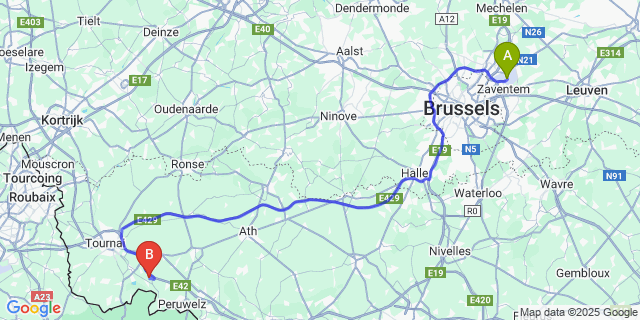 Map: Brussels Zaventem Airport (BRU) to Maubray