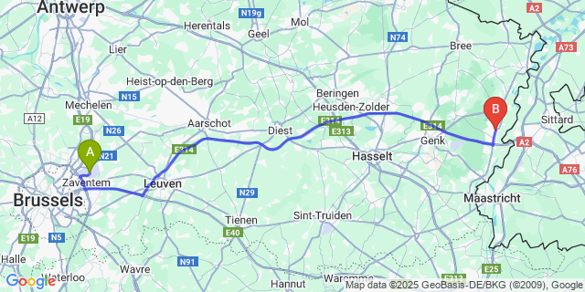 Map: Brussels Zaventem Airport (BRU) to Mechelen-Aan-De-Maas
