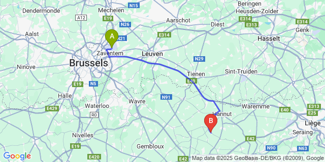 Map: Brussels Zaventem Airport (BRU) to Meeffe