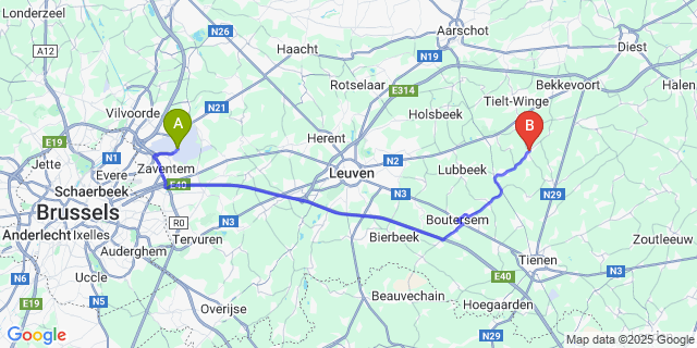 Map: Brussels Zaventem Airport (BRU) to Meenzel-Kiezegem