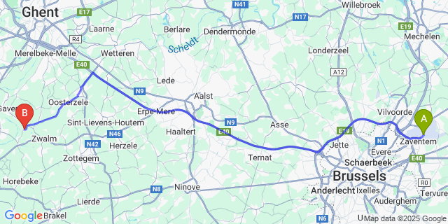 Map: Brussels Zaventem Airport (BRU) to Meilegem