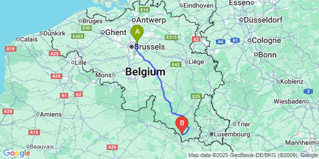 Map: Brussels Zaventem Airport (BRU) to Meix-devant-Virton