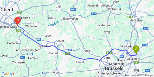 Map: Brussels Zaventem Airport (BRU) to Melle