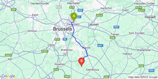 Map: Brussels Zaventem Airport (BRU) to Mellery