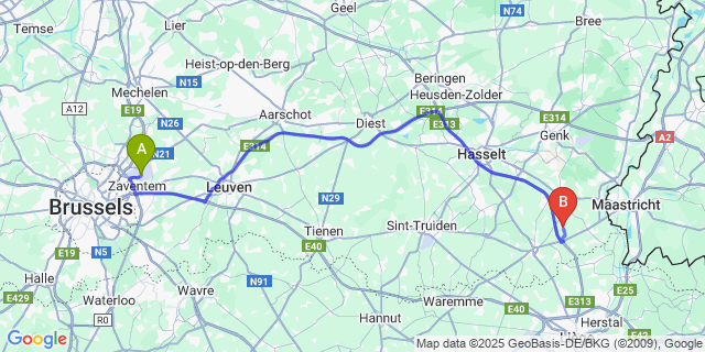 Map: Brussels Zaventem Airport (BRU) to Membruggen