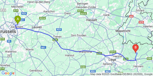 Map: Brussels Zaventem Airport (BRU) to Messitert
