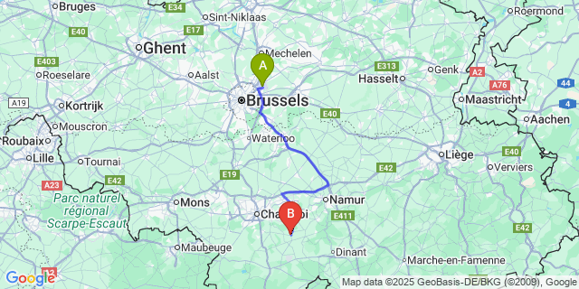 Map: Brussels Zaventem Airport (BRU) to Mettet