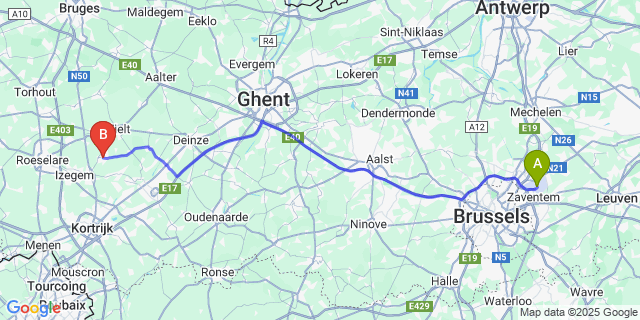 Map: Brussels Zaventem Airport (BRU) to Meulebeke