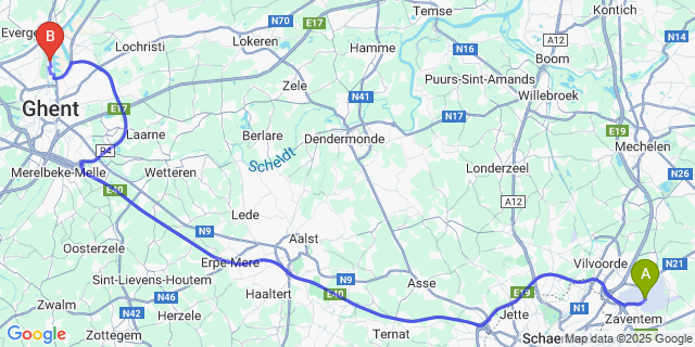 Map: Brussels Zaventem Airport (BRU) to Meulestede