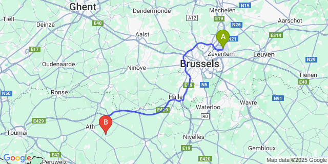 Map: Brussels Zaventem Airport (BRU) to Mévergnies-Lez-Lens