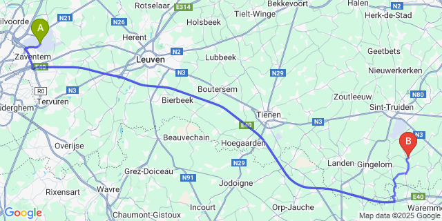 Map: Brussels Zaventem Airport (BRU) to Mielen-boven-Aalst