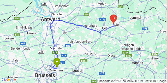 Map: Brussels Zaventem Airport (BRU) to Millegem
