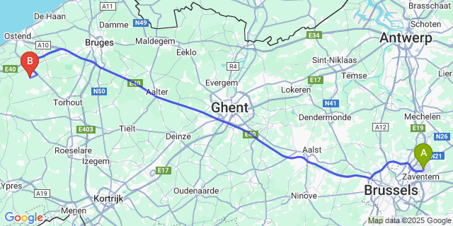 Map: Brussels Zaventem Airport (BRU) to Moere