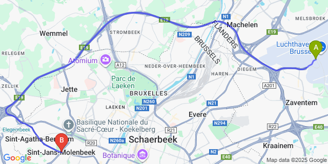 Map: Brussels Zaventem Airport (BRU) to Molenbeek-Saint-Jean