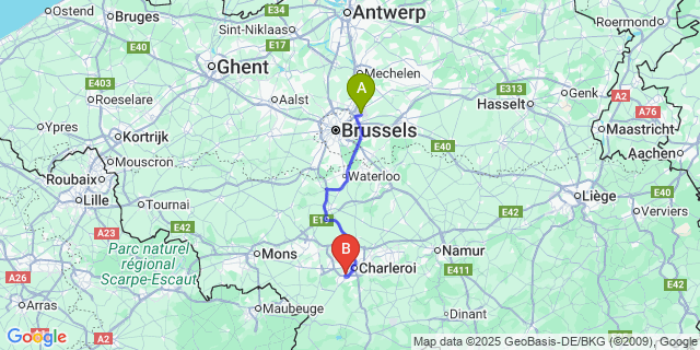 Map: Brussels Zaventem Airport (BRU) to Mont-Sur-Marchienne