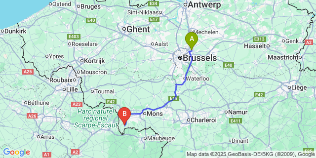 Map: Brussels Zaventem Airport (BRU) to Montignies-Sur-Roc