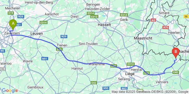 Map: Brussels Zaventem Airport (BRU) to Moresnet-Chapelle