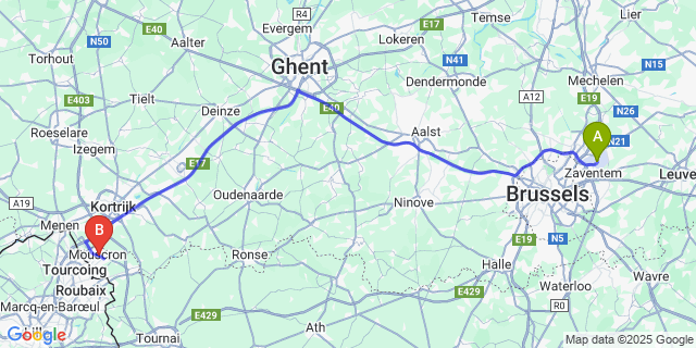 Map: Brussels Zaventem Airport (BRU) to Mouscron