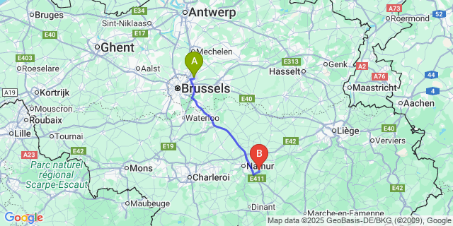 Map: Brussels Zaventem Airport (BRU) to Mozet