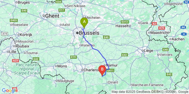 Map: Brussels Zaventem Airport (BRU) to Namur
