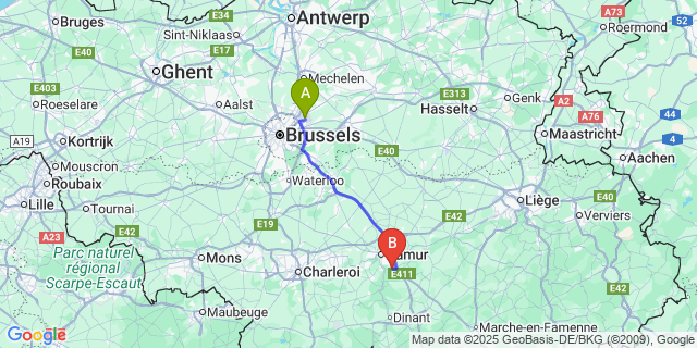 Map: Brussels Zaventem Airport (BRU) to Naninne