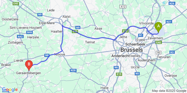 Map: Brussels Zaventem Airport (BRU) to Nederboelare