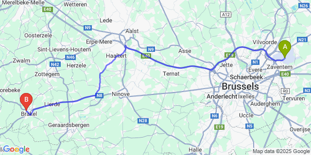 Map: Brussels Zaventem Airport (BRU) to Nederbrakel