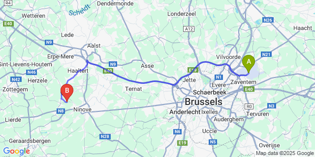 Map: Brussels Zaventem Airport (BRU) to Nederhasselt