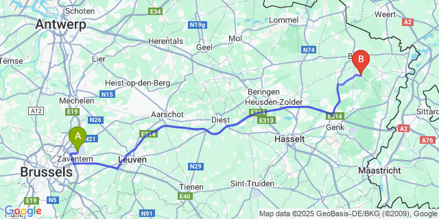 Map: Brussels Zaventem Airport (BRU) to Neerglabbeek