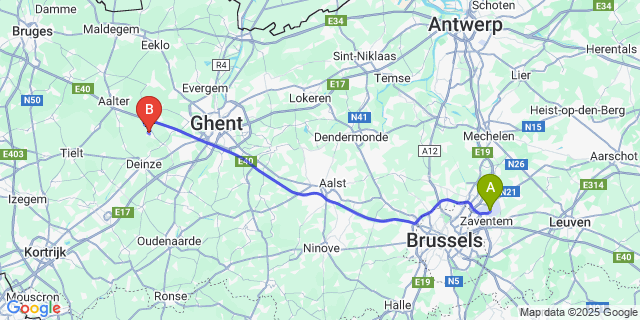 Map: Brussels Zaventem Airport (BRU) to Nevele