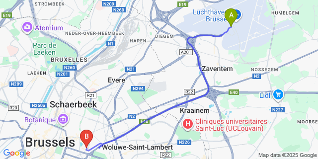 Map: Brussels Zaventem Airport (BRU) to New Hotel Charlemagne, Brussels